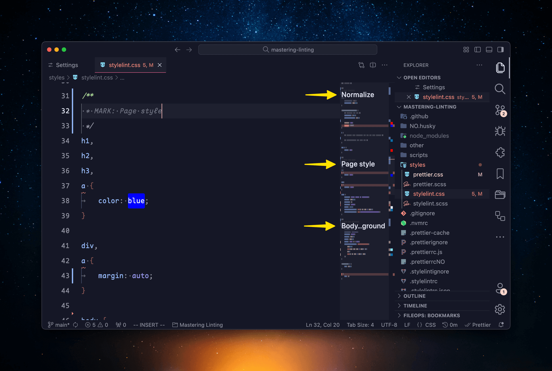 VS Code screenshot showing section headers with a bigger font size.