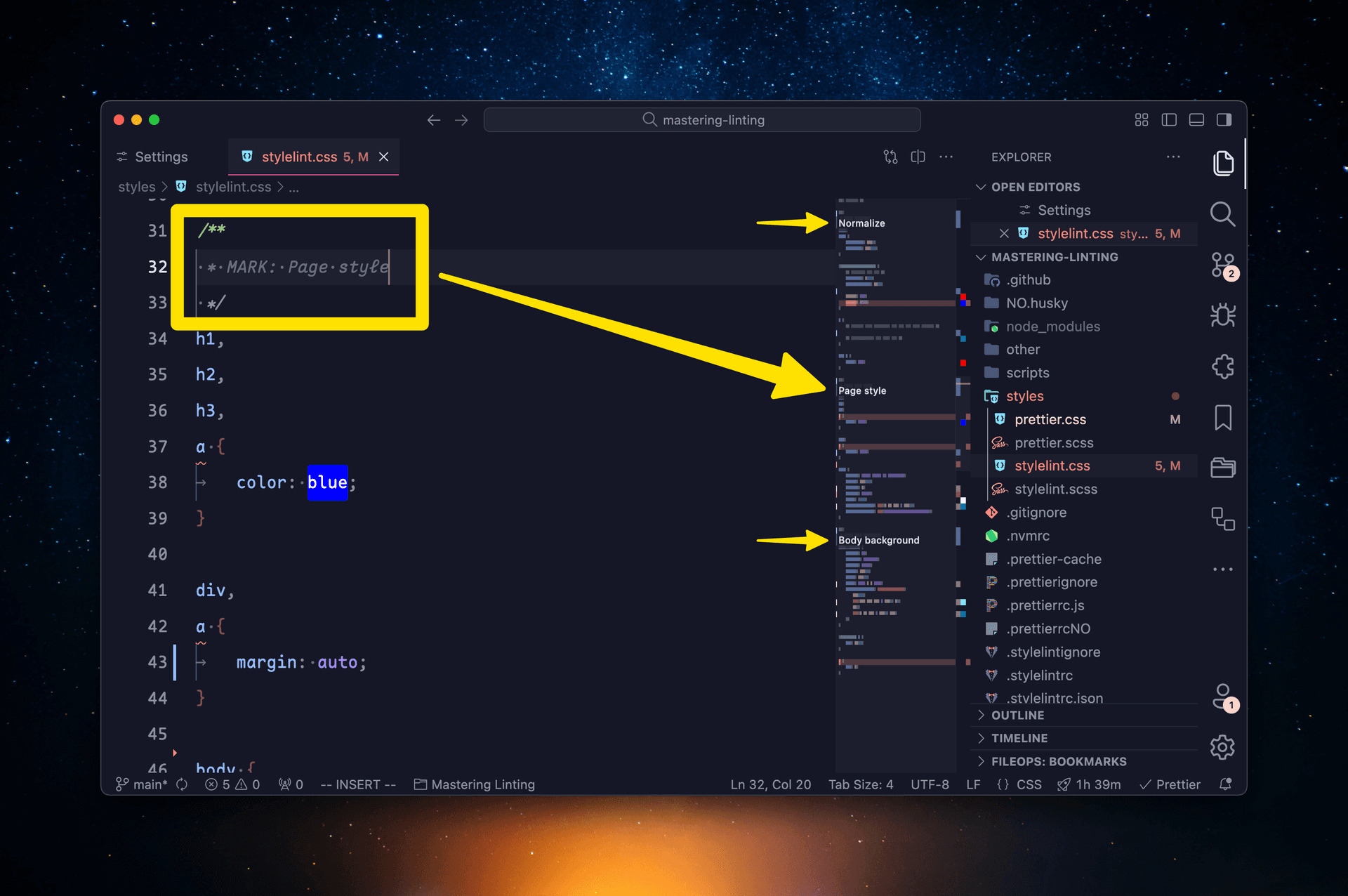 VS Code screenshot showing what minimap section headers look like in a CSS file.