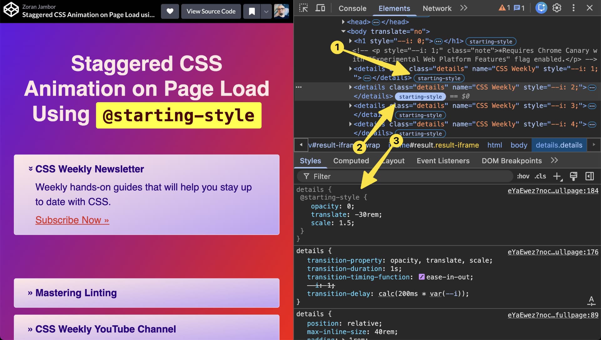 Chrome DevTools Elements Panel with starting-style labels