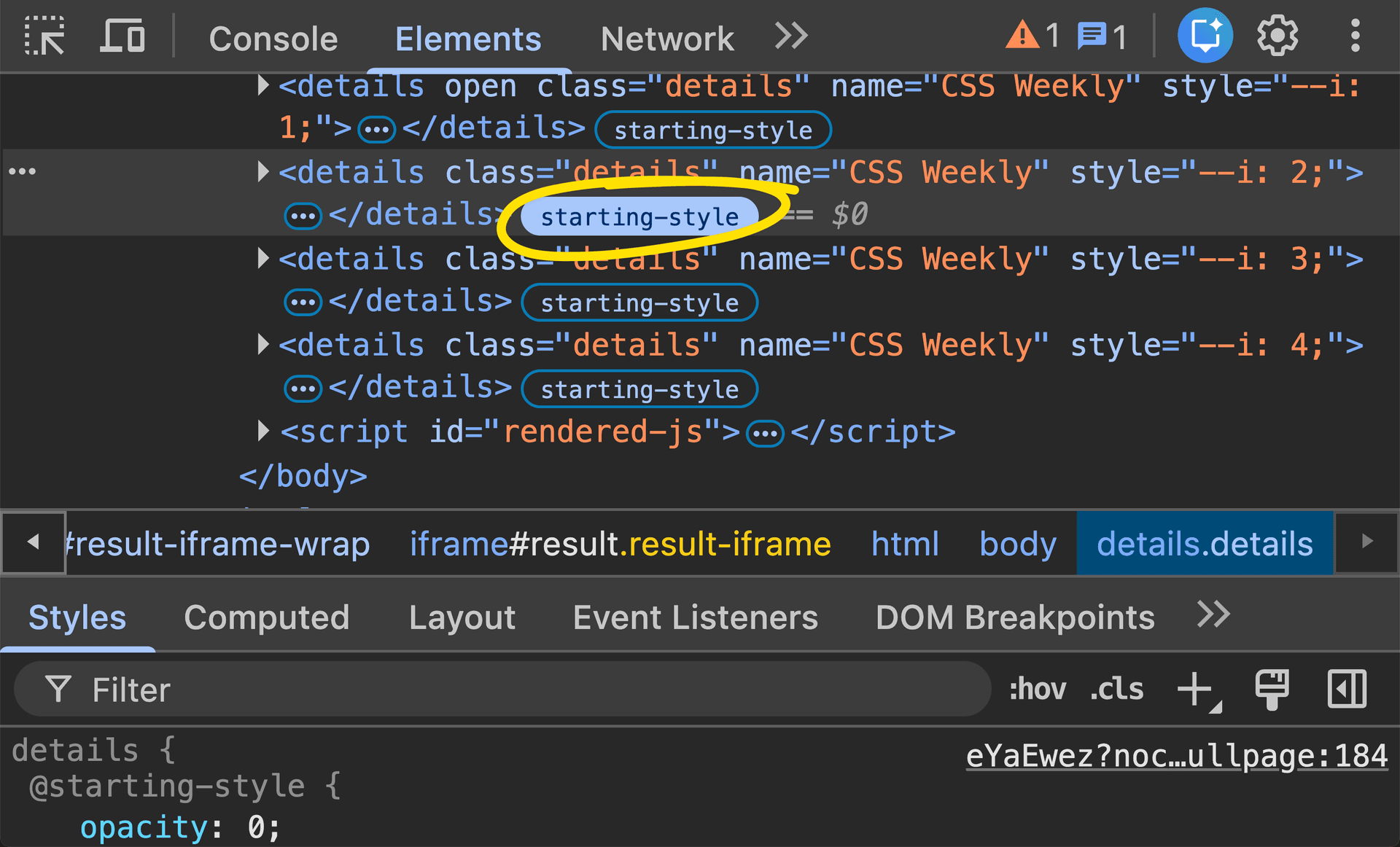 How to debug <code>@starting-style</code> at-rule in Chrome DevTools