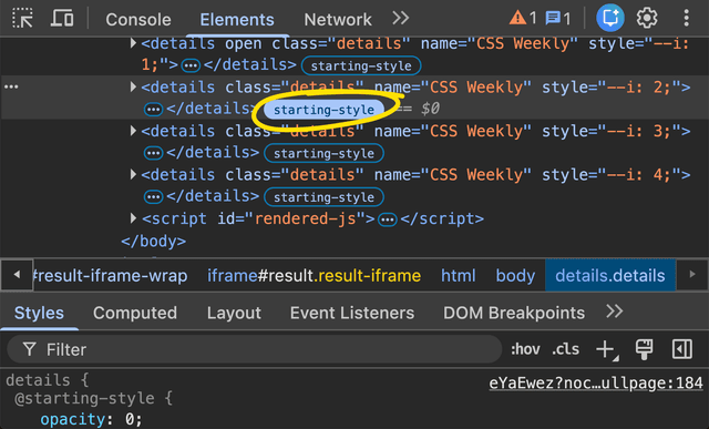 How to debug <code>@starting-style</code> at-rule in Chrome DevTools