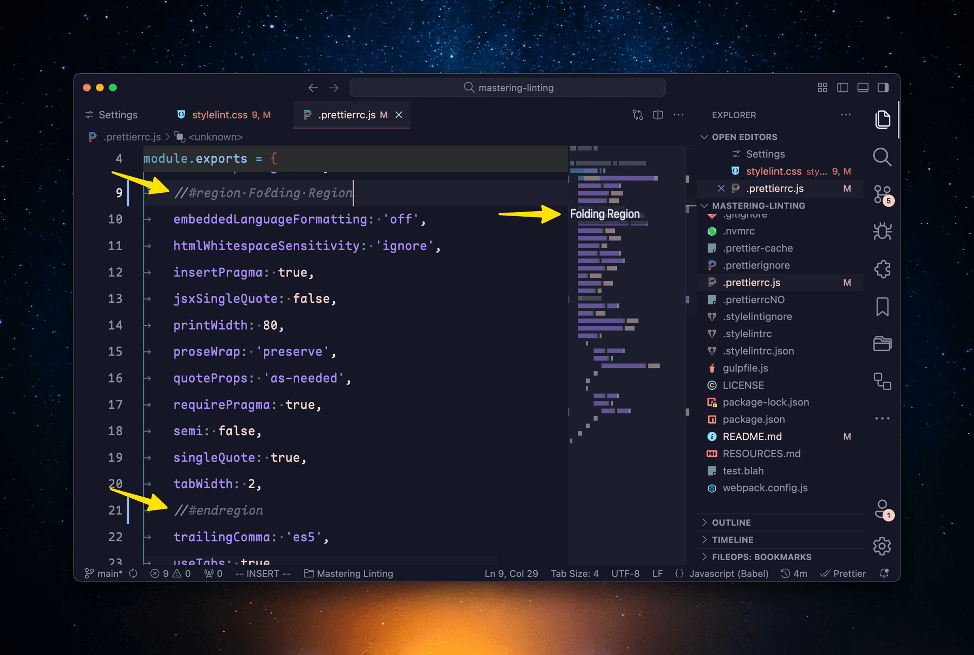 VS Code screenshot showing named folding regions in the minimap.