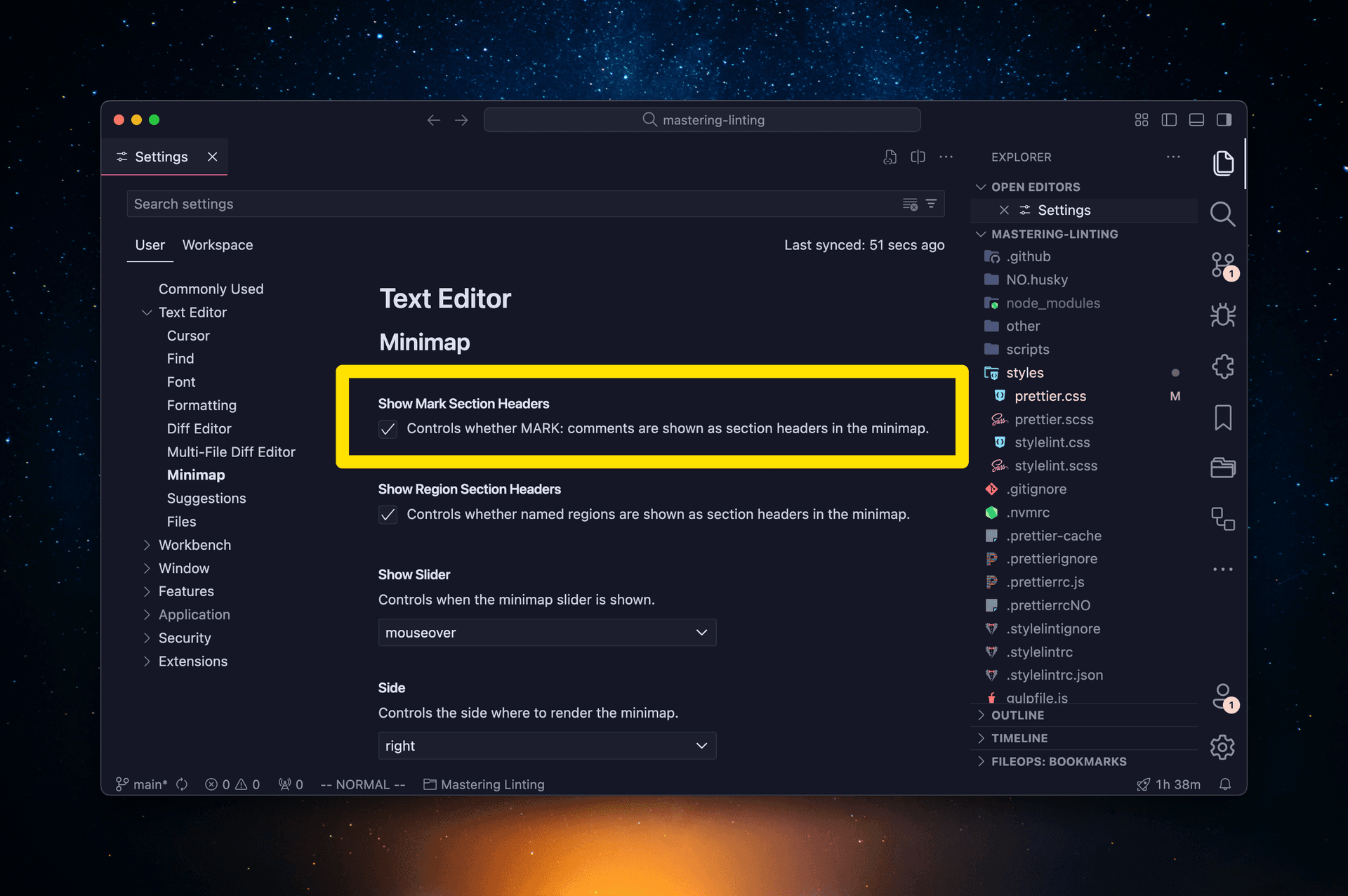 VS Code screenshot showing the minimap option Show Mark Section Headers.