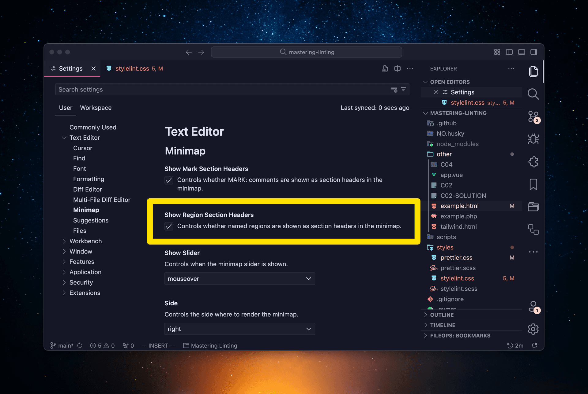 VS Code screenshot showing the minimap option Show Region Section Headers.