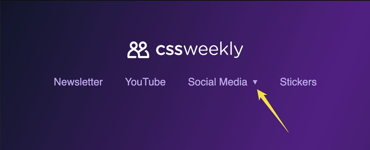 A screenshot of a navigation menu showcasing an arrow indicating a presence of a dropdown menu created using :has() pseudo-class.