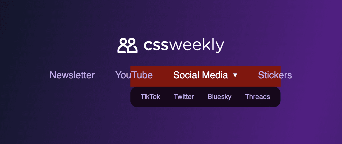 A screenshot of a navigation menu showcasing an additional pseudo-element that expands the target area of the dropdown.